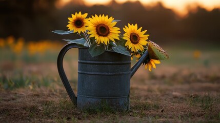 Rustic watering can filled with vibrant sunflower blooms in nature
