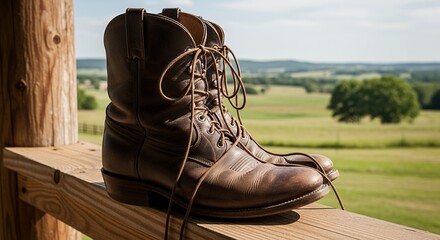 Vintage Leather Boots on Wooden Railing with Rural Landscape Background
