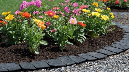Fototapeta premium Vibrant Flower Garden Design with Colorful Blooms and Edging Stones