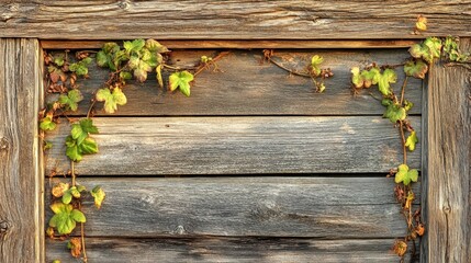 Rustic Wooden Background with Green Ivy Climbing Vines and Leaves