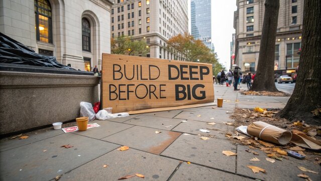 Wooden Sign on City Sidewalk with Build Deep Before Big Message