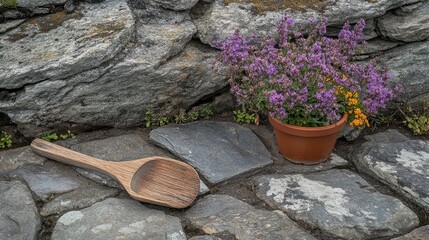 Rustic Wooden Scoop Beside Flower Pot on Stone Pathway Outdoors