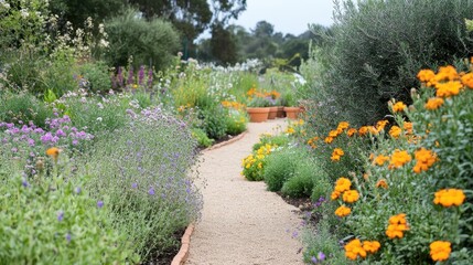Vibrant Garden Pathway Surrounded by Colorful Flowers and Greenery