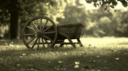 Rustic Wooden Wheelbarrow in Serene Nature Scene at Golden Hour