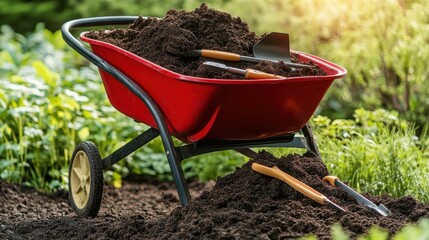 Red Wheelbarrow Filled with Fresh Soil and Gardening Tools in Garden