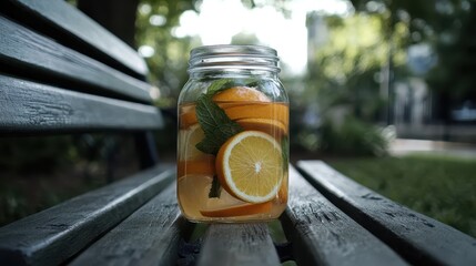 Refreshing Citrus Infused Water in Jar on Park Bench Outdoors