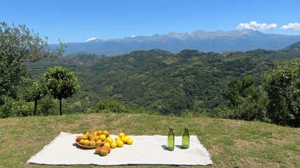 Scenic Fruit Display with Bottles against Majestic Mountain View
