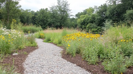 Scenic Gravel Pathway Through Vibrant Wildflower Garden Landscape