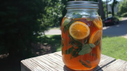 Refreshing Citrus Mint Drink in a Jar on a Sunny Day