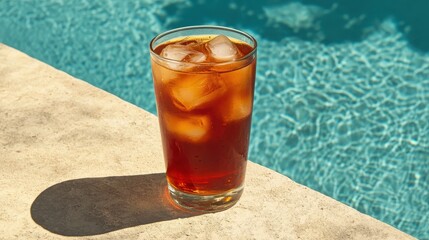 Refreshing Glass of Iced Tea by Clear Swimming Pool in Summer Sun