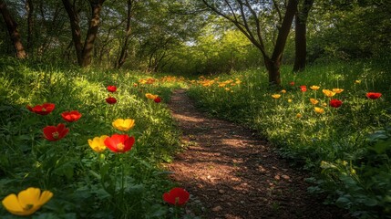 Scenic Pathway Surrounded by Colorful Flowers in Lush Green Forest