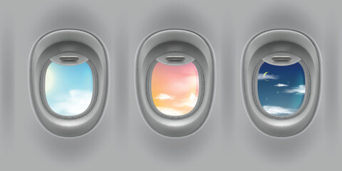 Airplane window with day, night and sunset sky view, fuselage porthole with open glass from inside, vector illuminators