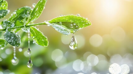 Refreshing Green Leaf with Water Drops in Natural Sunlit Setting