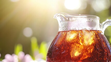 Refreshing Ice Tea in a Jug with Sunlight and Green Background