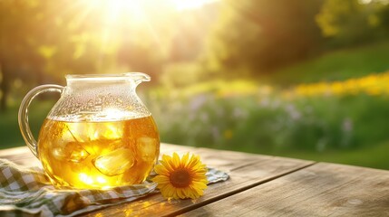 Refreshing Iced Tea in Glass Pitcher on Sunny Summer Day