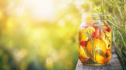 Refreshing Infused Water Jar with Citrus Fruits and Herbs in Nature