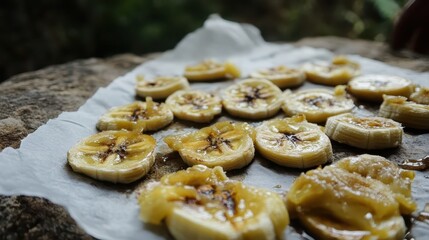 Sliced ripe bananas arranged on a parchment paper in natural light