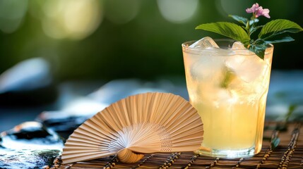 Refreshing Summer Cocktail with Fan and Ice on Natural Background