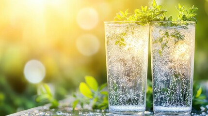 Refreshing Sparkling Water with Fresh Herbs in Bright Sunlight
