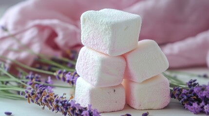 Soft Pink Marshmallows On Background With Lavender Flowers