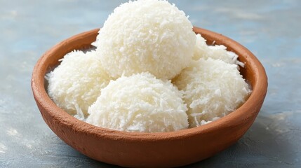 Soft Coconut Balls in a Brown Clay Bowl on a Blue Background