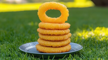 Stack of Golden Fried Rings on Plate Surrounded by Fresh Grass