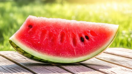 Refreshing Watermelon Slice on Wooden Table in Summer Sunshine