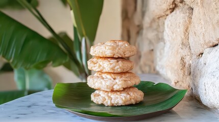 Stacked Rice Cakes on a Leaf Plate Against Natural Stone Wall