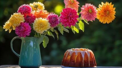Vibrant Flowers and Delicious Bundt Cake on a Sunny Table Setting