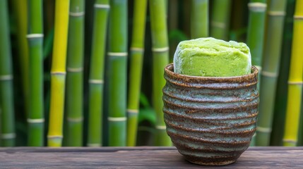 Vibrant Green Matcha Dessert in Rustic Bowl Surrounded by Bamboo