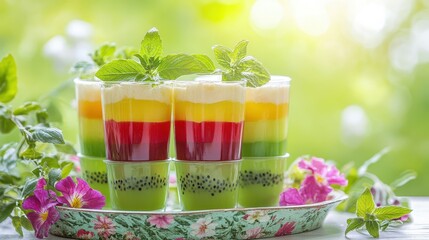 Vibrant Layered Jelly Dessert Cups in Colorful Display Outdoors