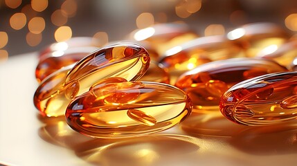 Close-up of glossy golden softgel capsules on a warm surface with amber glow, soft bokeh, and shallow depth of field. Concept: Health, wellness, supplements, purity, and modern nutrition.