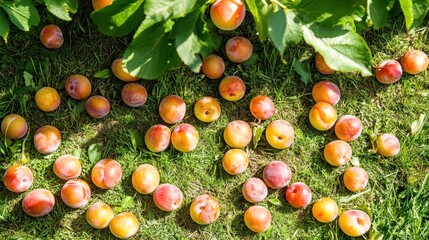 Ripe Plums on Grass with Leaves in Natural Orchard Setting