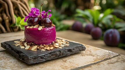 Vibrant Purple Dessert with Flowers and Almonds on Slate Plate