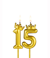 Golden candle with crown number 15 - White background