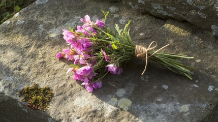 Rustic Bouquet of Pink Wildflowers on Stone Surface in Natural Light