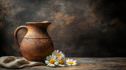 Rustic Ceramic Pitcher and Daisies on Wooden Table Surface