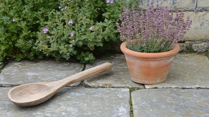 Rustic Garden Scene with Clay Pot and Wooden Spoon on Stone Surface