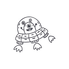 cute alien inside ufo in doodle style. Coloring page. Vector illustration