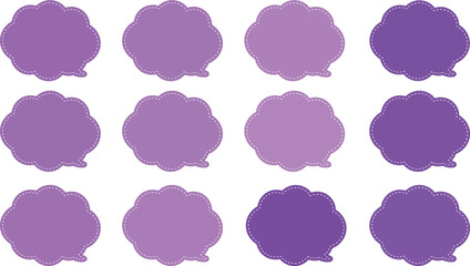 紫色とピンク、あずき色をした１２色の雲の形の吹き出しセット。ふきだしの内側は白い破線で囲まれている。