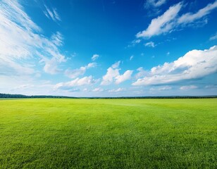 Fototapeta premium green grass field under blue sky with white clouds in broad daylight with natural lighting during summer season in an open space
