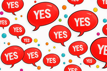 Pop-style colorful speech bubbles with the word "YES" representing social conformity and control