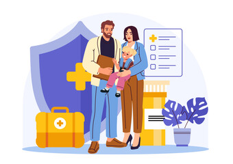 Happy family with child, medical staff and healthcare icons in flat cartoon style, standing on abstract background. Concept of insurance and health protection. Vector illustration