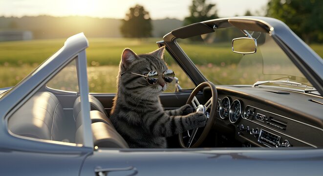 Fototapeta Close-up of a striped tabby cat wearing sunglasses driving a vintage convertible car on a sunny day.