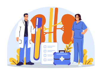 Two medical professionals stand near kidneys illustration with urine sample, checklist, and medical kit on abstract background. Concept of kidney health. Vector illustration