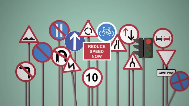 Animated common road signs appearing and gathering in front