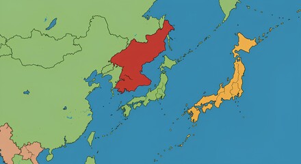 Obraz premium Map of East Asia Highlighting North Korea and Japan, Displaying Geopolitical Borders
