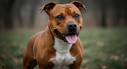 Happy brown pitbull dog portrait panting with tongue out in a natural outdoor setting.
