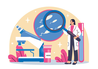Female scientist analyzing sperm under magnifying glass near microscope and lab tools, flat cartoon style on abstract background. Concept of fertility study. Vector illustration