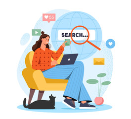 Woman sitting on yellow chair using a laptop while holding drink, surrounded by icons and a magnifying glass over a search bar, on white background. Concept of internet browsing. Vector illustration